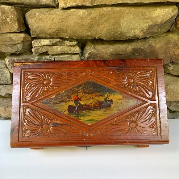 VTG Canoe Cedar Box Hand Carved Wood Decoupage Trinkets Cabin Rustic - Picture 1 of 15